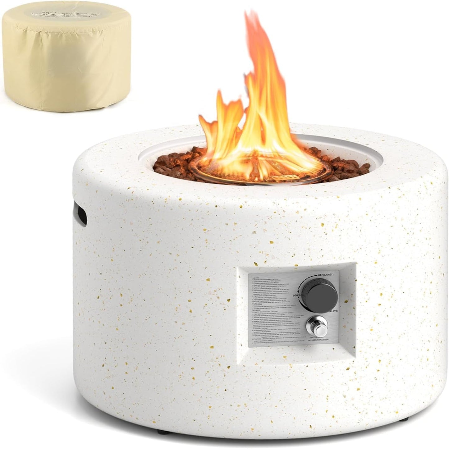 Propane Fire Pit Table, 25.5” round Terrazzo Gas Fire Pit with Stainless Steel Burner & Lava Rocks, Protective Cover & Tank Seat Included, 40,000 BTU Smokeless Fire Pit for outside Patio