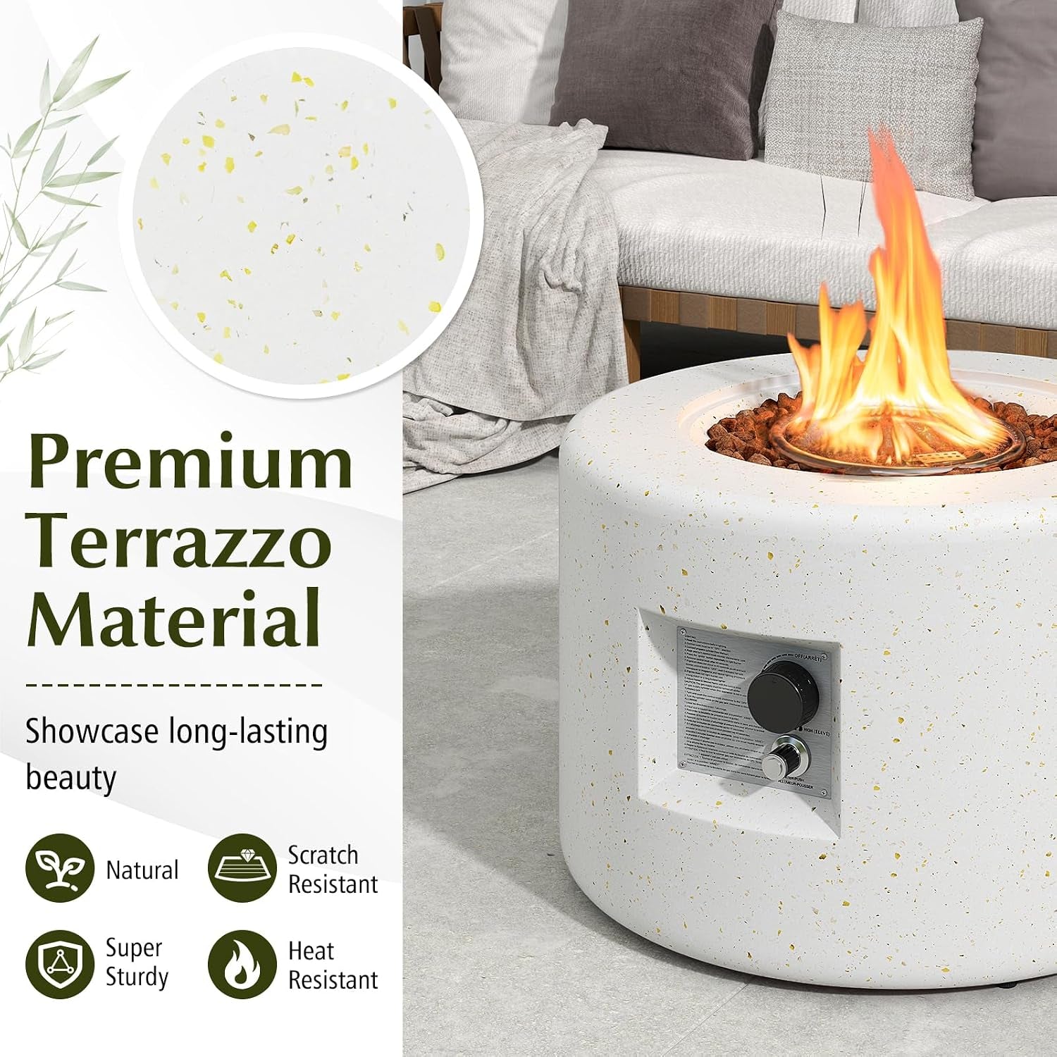 Propane Fire Pit Table, 25.5” round Terrazzo Gas Fire Pit with Stainless Steel Burner & Lava Rocks, Protective Cover & Tank Seat Included, 40,000 BTU Smokeless Fire Pit for outside Patio