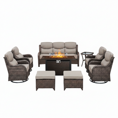 9-Piece Outdoor Patio Furniture Set with Fire Pit Table,Swivel Chairs and 6" Thick Cushions,Sectional Sofa and Ottomans,Patio Conversation Set for Porch Deck Garden Backyard