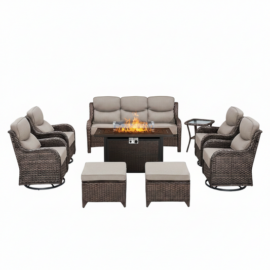 9-Piece Outdoor Patio Furniture Set with Fire Pit Table,Swivel Chairs and 6" Thick Cushions,Sectional Sofa and Ottomans,Patio Conversation Set for Porch Deck Garden Backyard